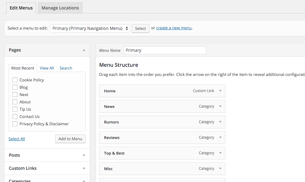 Wordpress Menu Structure