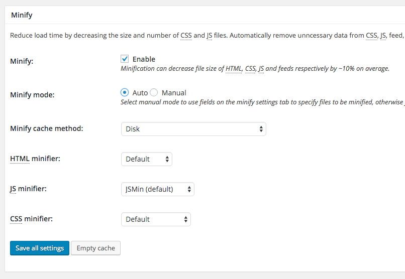 Setup WordPress Minify Options on W3 Total Cache