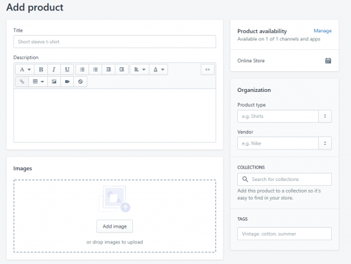 Shopify add product interface