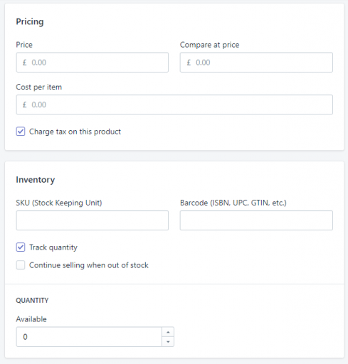 Shopify add product - pricing details